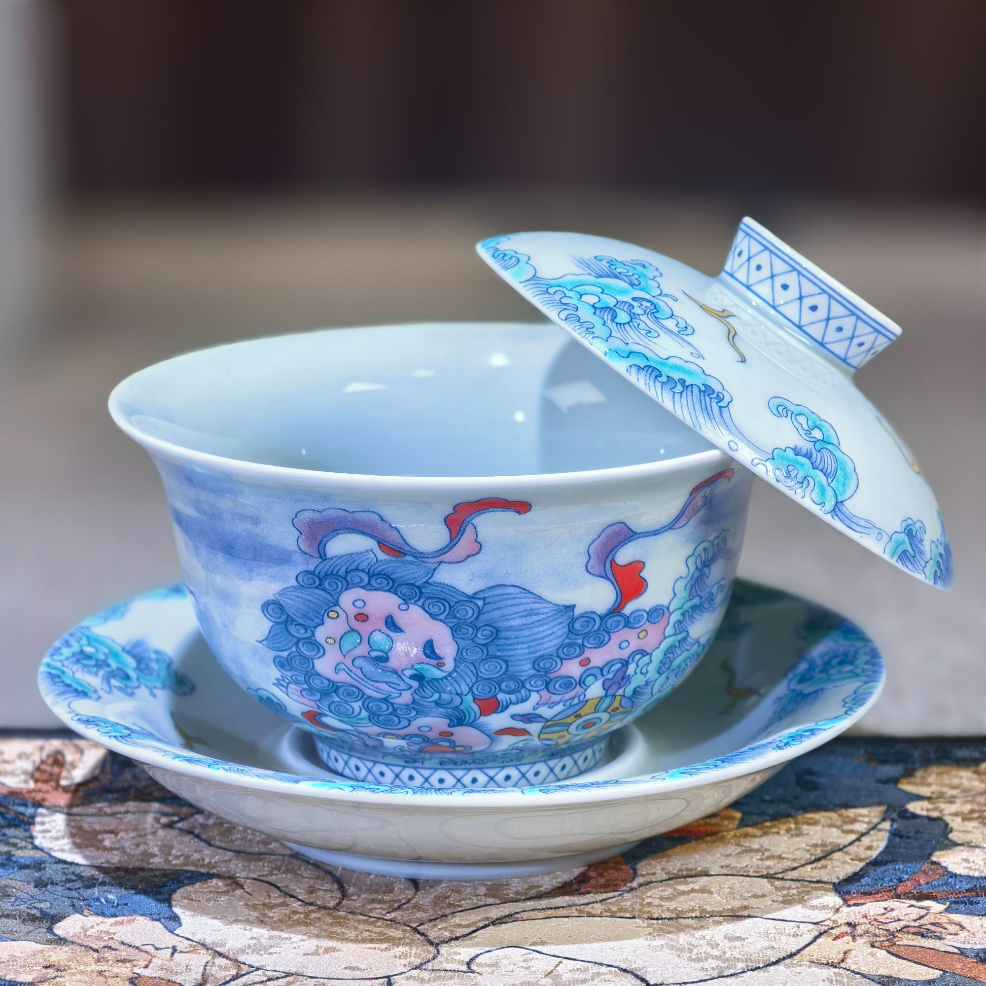 狮子滚绣球三才盖碗B11213