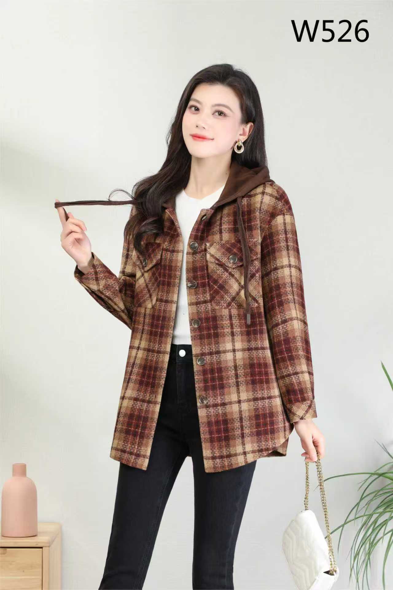 W526，时尚2025秋季新款加厚复古格子美式连帽宽松休闲外套