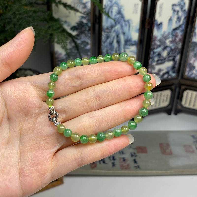 冰种起光黄加绿圆珠手链 天然翡翠A货  