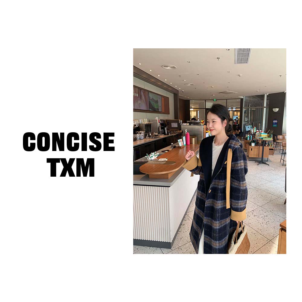 【唐小木】连帽格子羊毛大衣 秋冬新款格纹百搭羊毛大衣 W1016