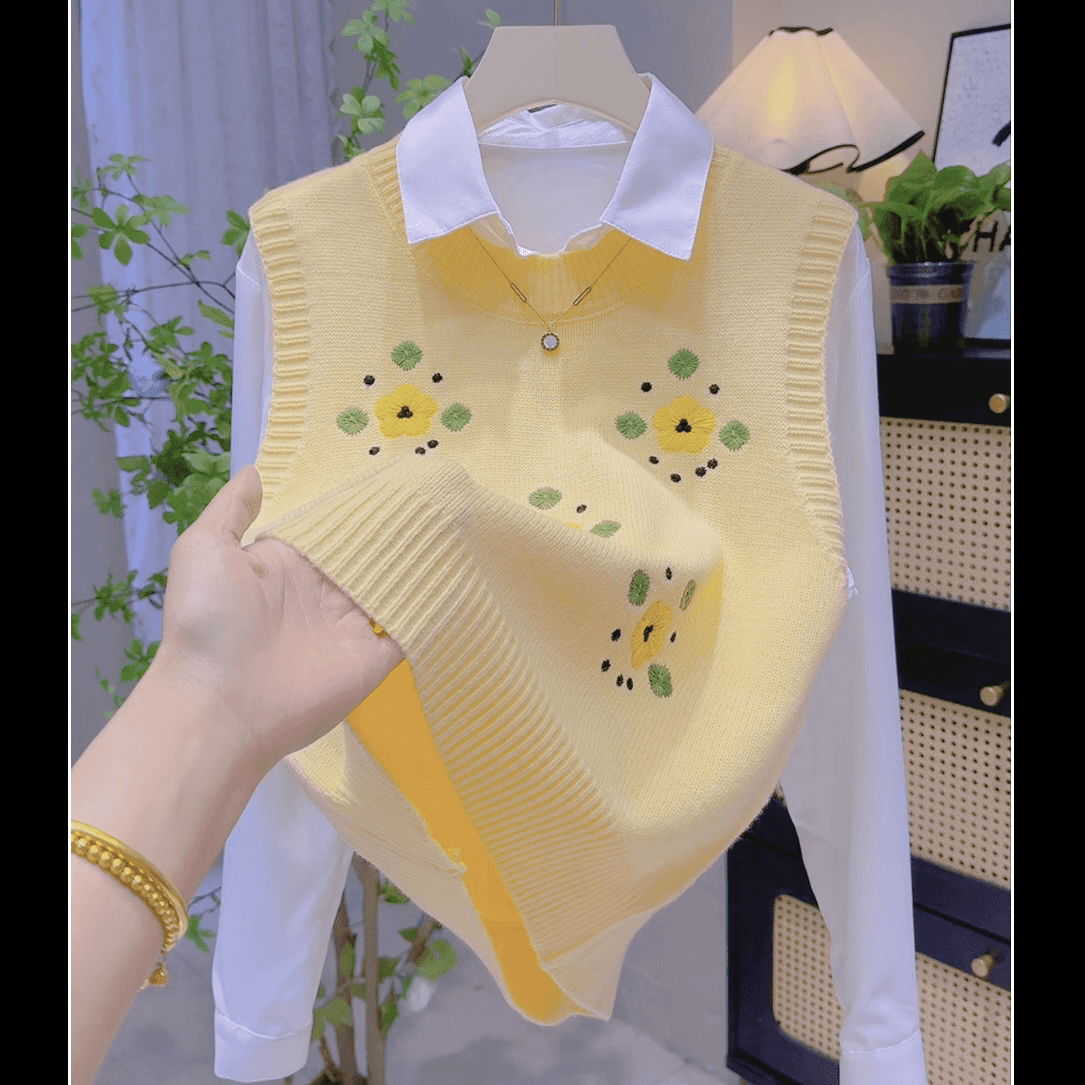 新品圆领领春秋针织马甲女短款显瘦纯色花朵外穿毛衣背心洋气坎肩