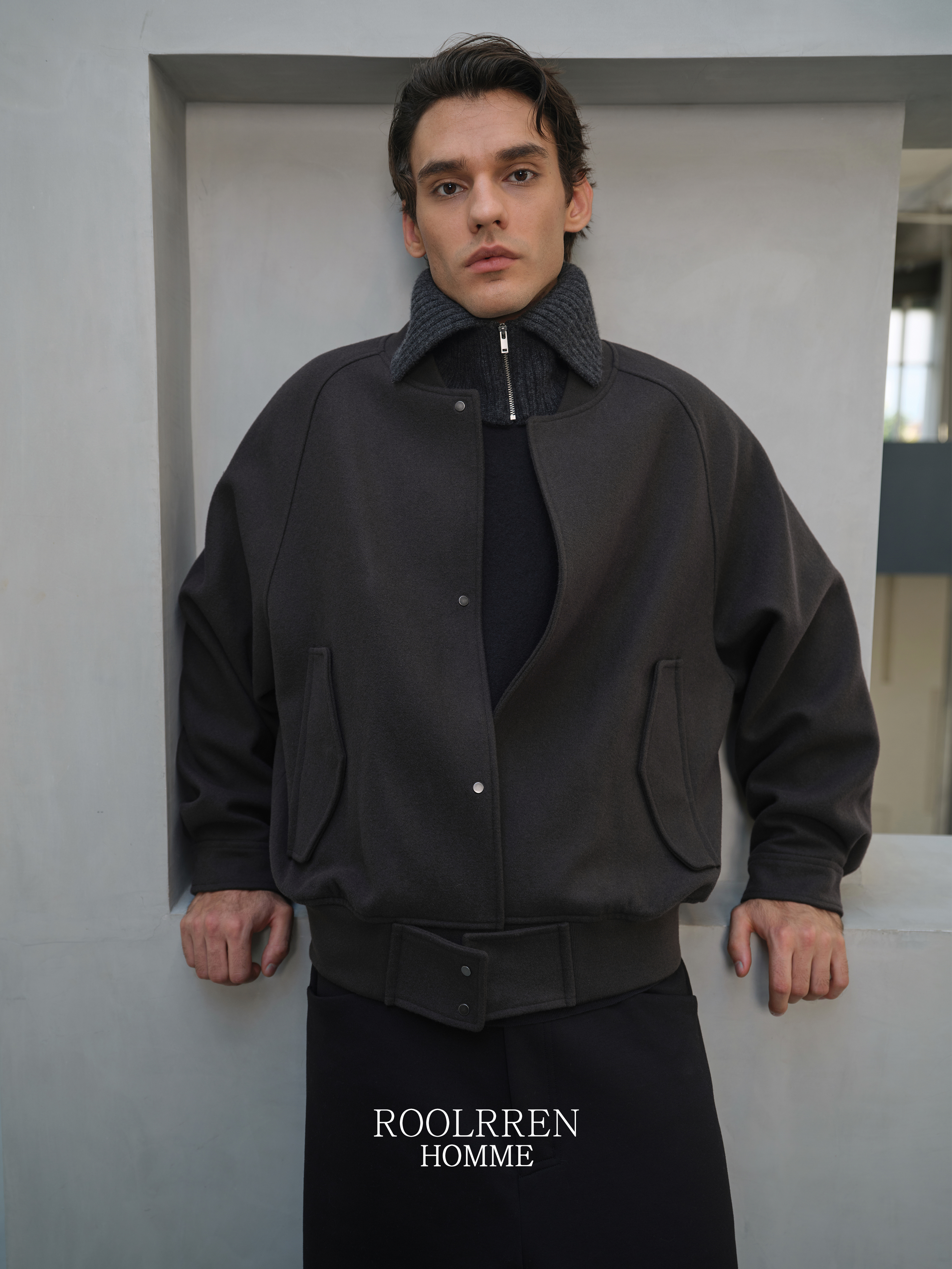 ROOLRREN BEAVER STUDIUM 羊毛混纺棒球领四合扣宽松棒球服夹克