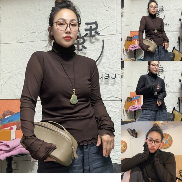 高领网沙长袖女士高领百搭内搭T恤半高领修身保暖秋冬时尚打底衫