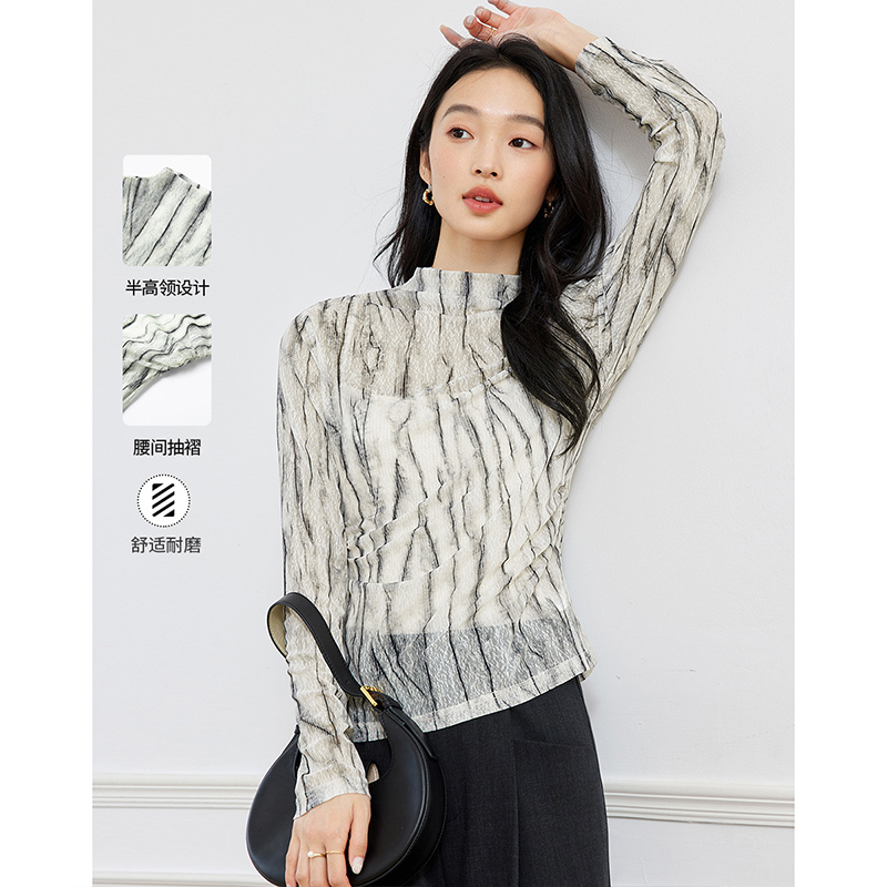 梵希蔓晕染竖条纹长袖T恤女秋半高领打底衫网纱上衣M8762/M9706