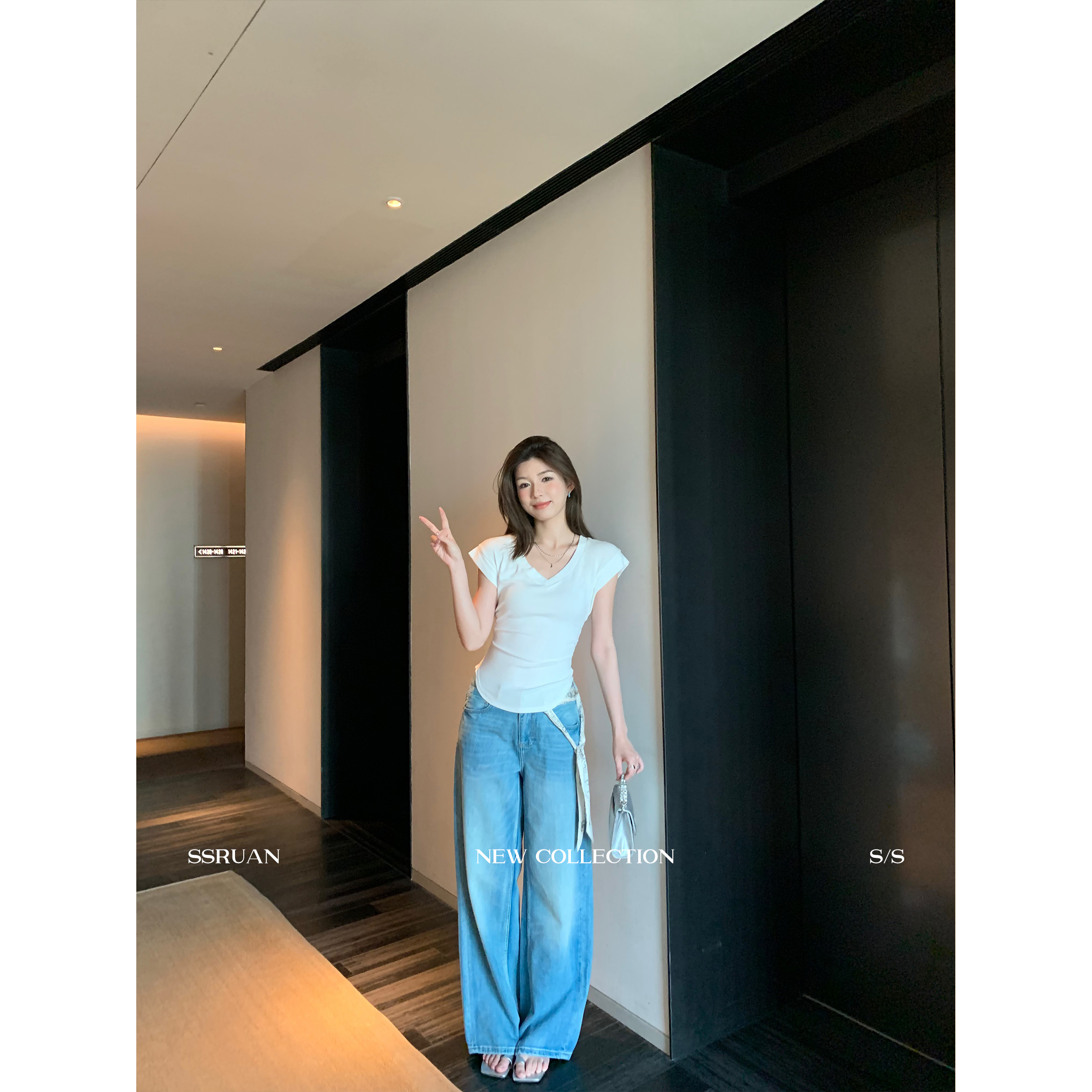 SSRUAN 高腰窄版阔腿牛仔裤女薄款百搭宽松显瘦直筒长裤