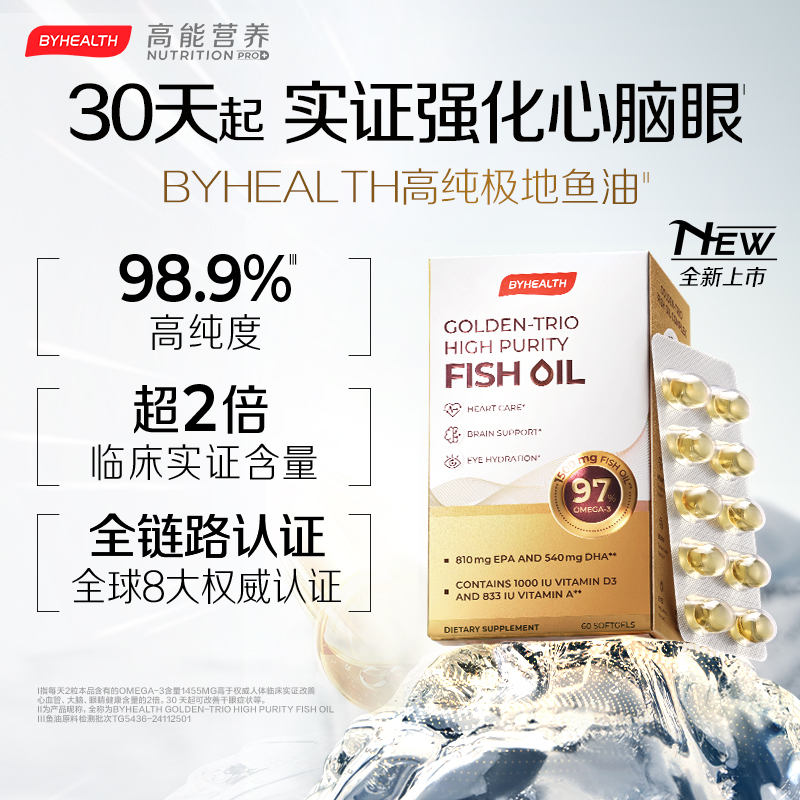 BYHEALTH汤臣倍健高纯极地鱼油无腥味心脑眼营养补充