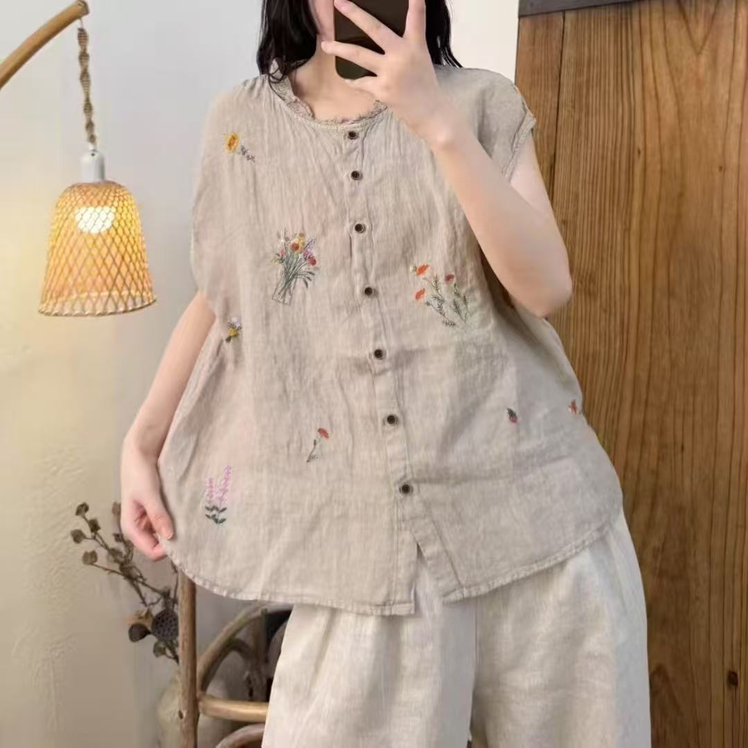 亚麻刺绣衣服裤子套装