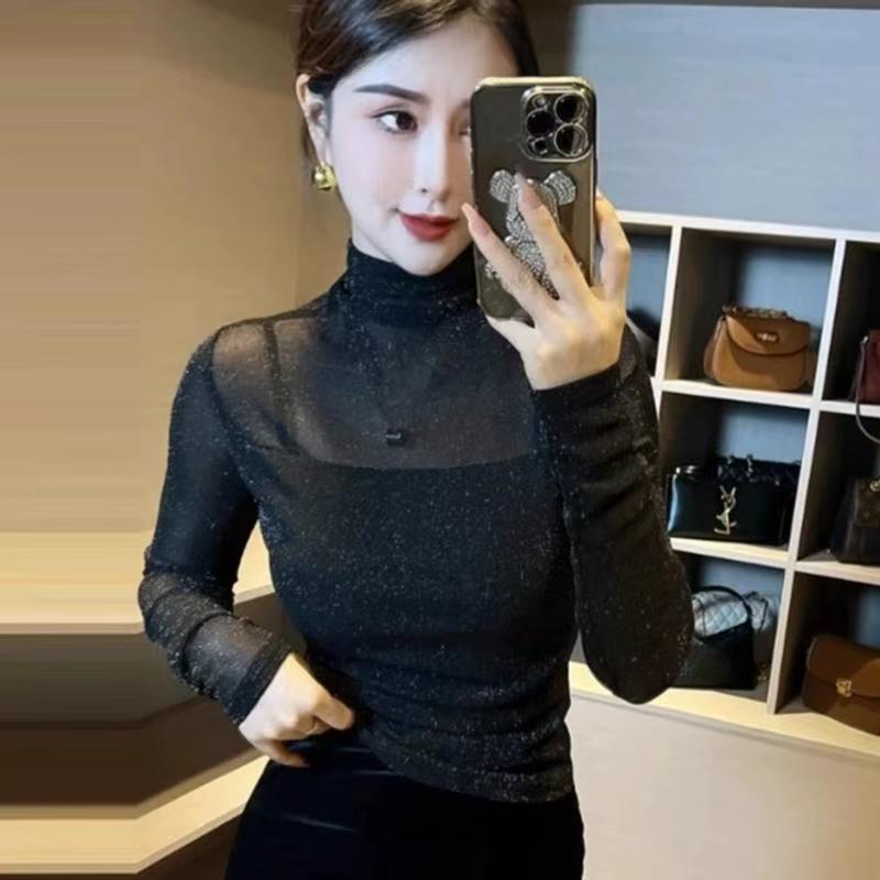 网纱半高领打底衫女春秋新款修身洋气内搭长袖t恤上衣