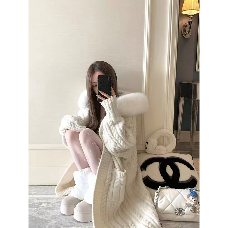 【裘羽衣橱】雪兔精灵-C中长款针织衫可拆卸毛领秋冬厚外套法式慵懒