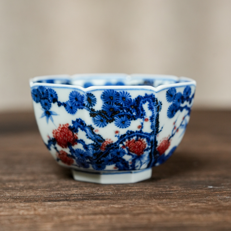 【墨舍名窑】预售15天屹朴青花釉里红仿明松竹梅八方杯（yipu434）