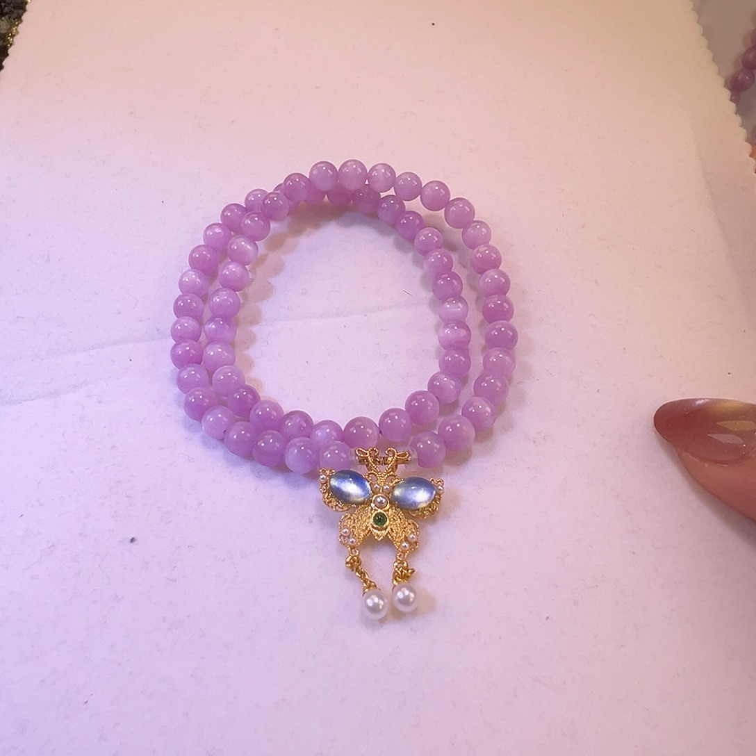 锂辉石银S925镶嵌手串6咪冰糯猫眼紫锂辉DIY双圈