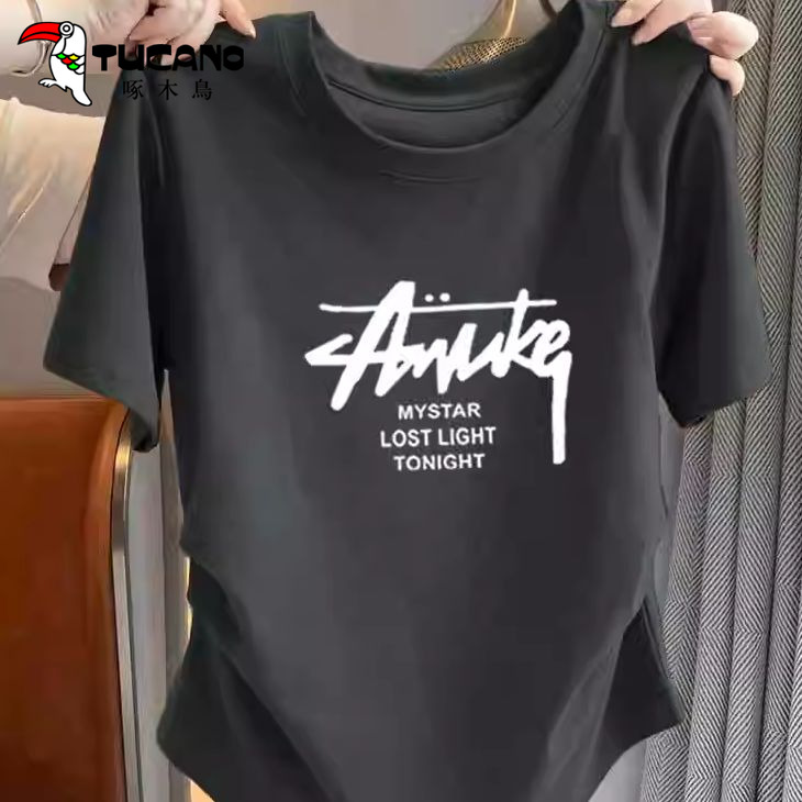 啄木鸟女士短袖t恤女2025新款夏季中年款式薄款宽松正肩白色上衣