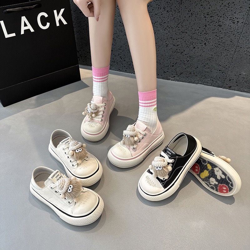 丑萌米奇大头小白鞋女厚底踩跟鞋半托鞋春季真皮休闲学生国潮板鞋