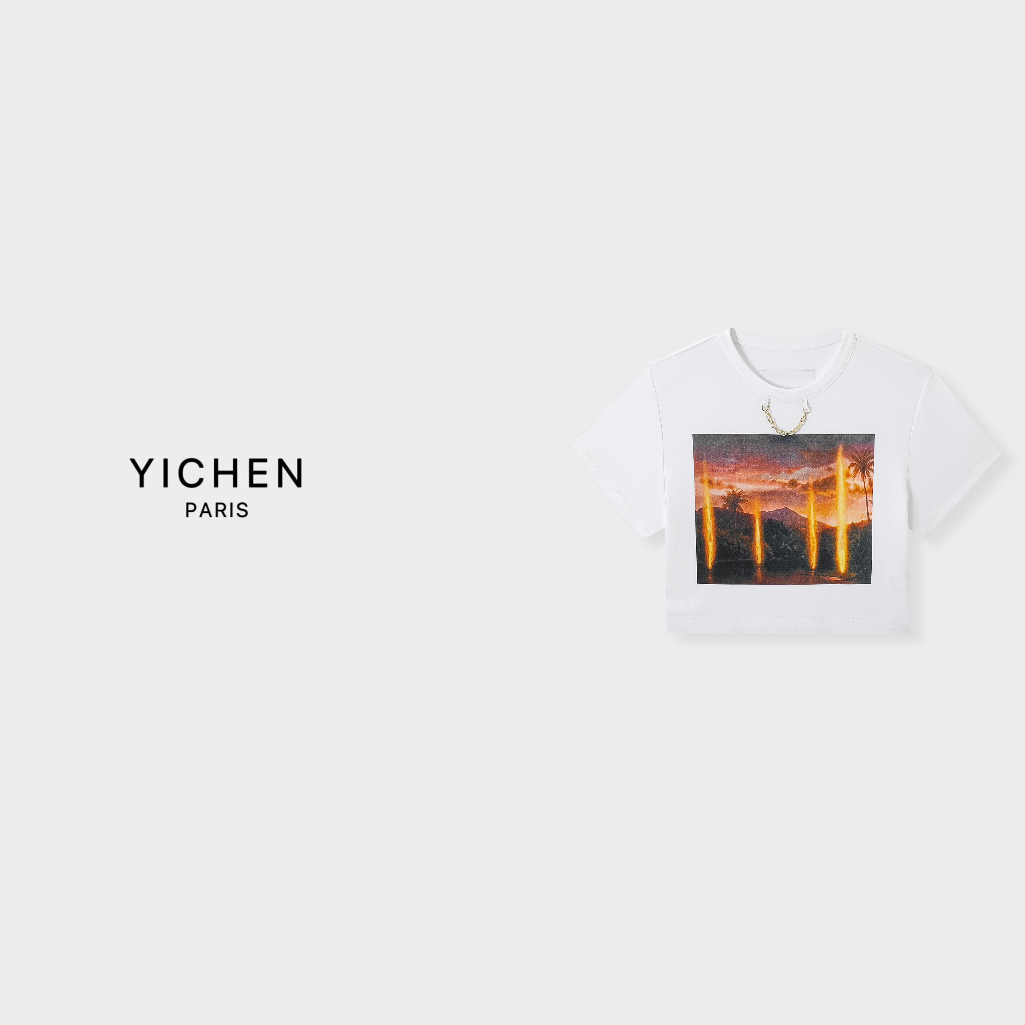 YC 金属链条装饰印图案宽松短款T恤-3400