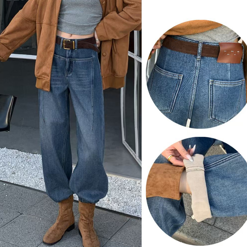 香港花牌冬季加绒加厚阔腿弯刀牛仔裤女水洗高腰无弹长裤