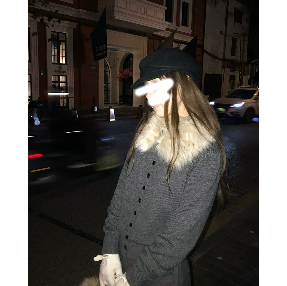 街头优雅修身针织开衫可拆卸毛领毛衣女时髦休闲上衣冬季慵懒风女