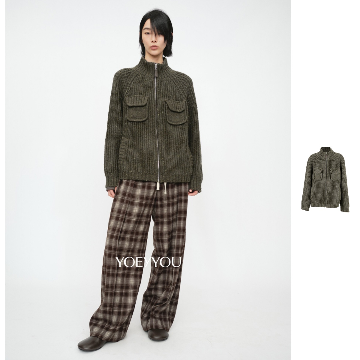 项小七YOE YYOU  25秋冬新品复古贴袋毛织外套中领拉链女款