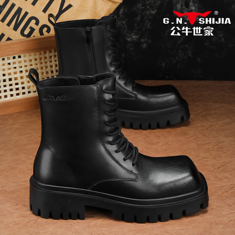 公牛世家马丁靴男鞋秋季黑色漆皮方头皮鞋高帮美式复古增高工装靴