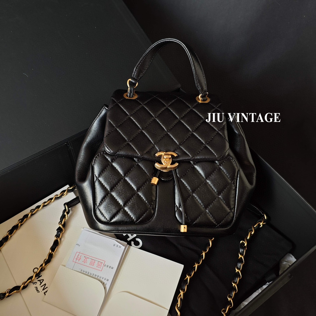 99新 Chanel/香奈儿 23k黑金羊皮双肩包芯片盒子防尘袋 JM2-7312