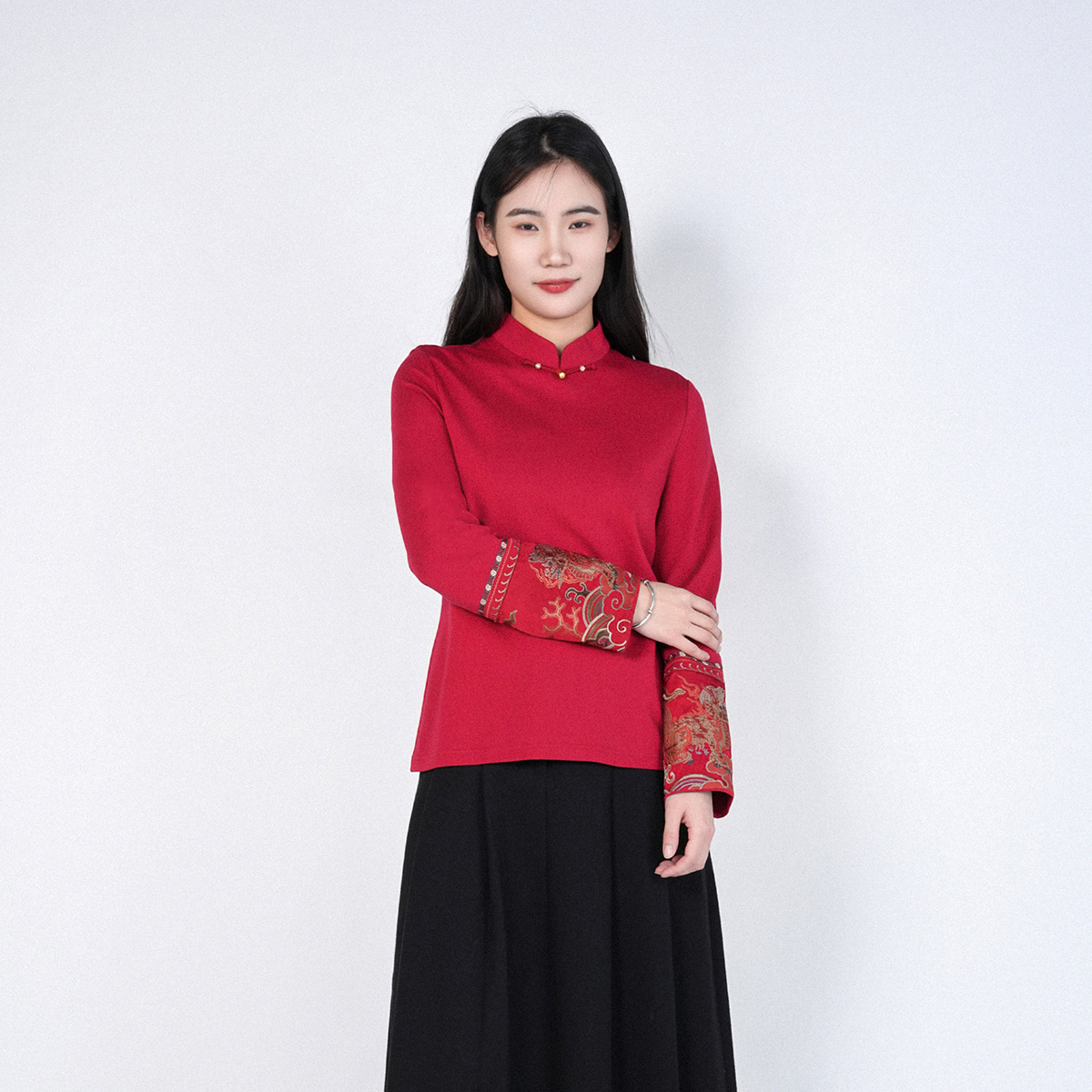 国风刺绣气质内搭长袖立领显瘦时尚女生开春祥瑞上衣HASS180025