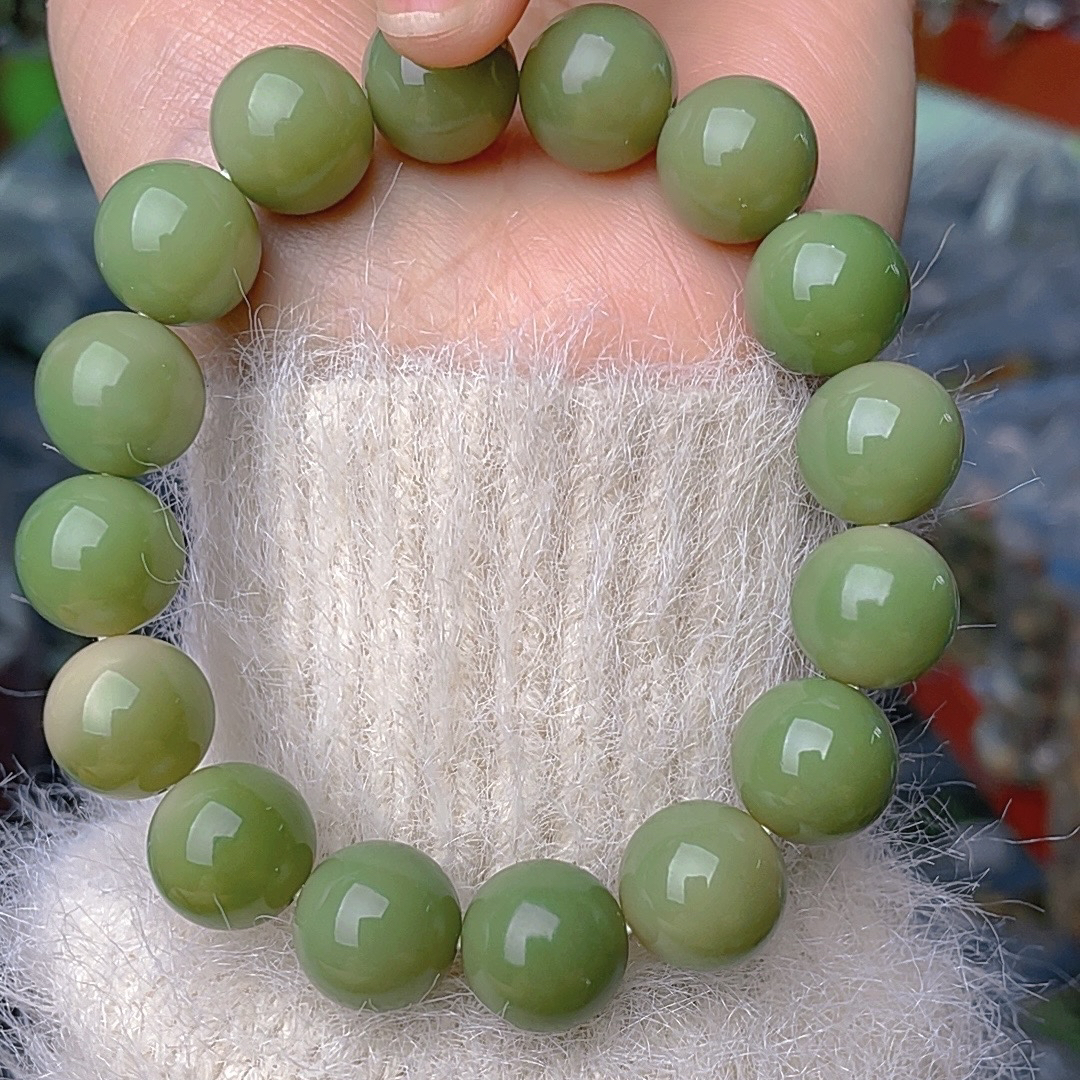 【C24】13绿色圆珠单圈手串天然菩提根手串