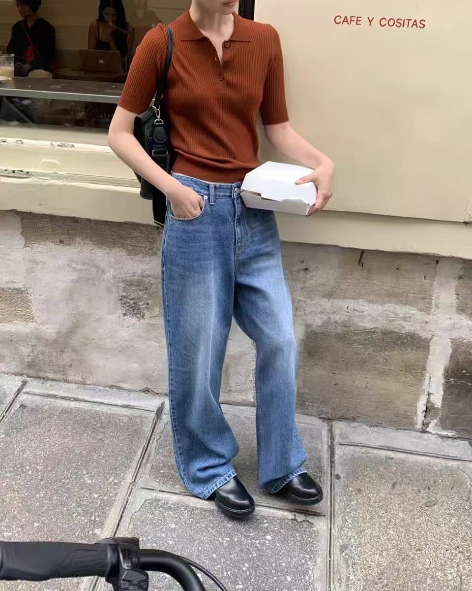 韩国东大门 MOHHE 新款简约宽松阔腿水洗牛仔裤