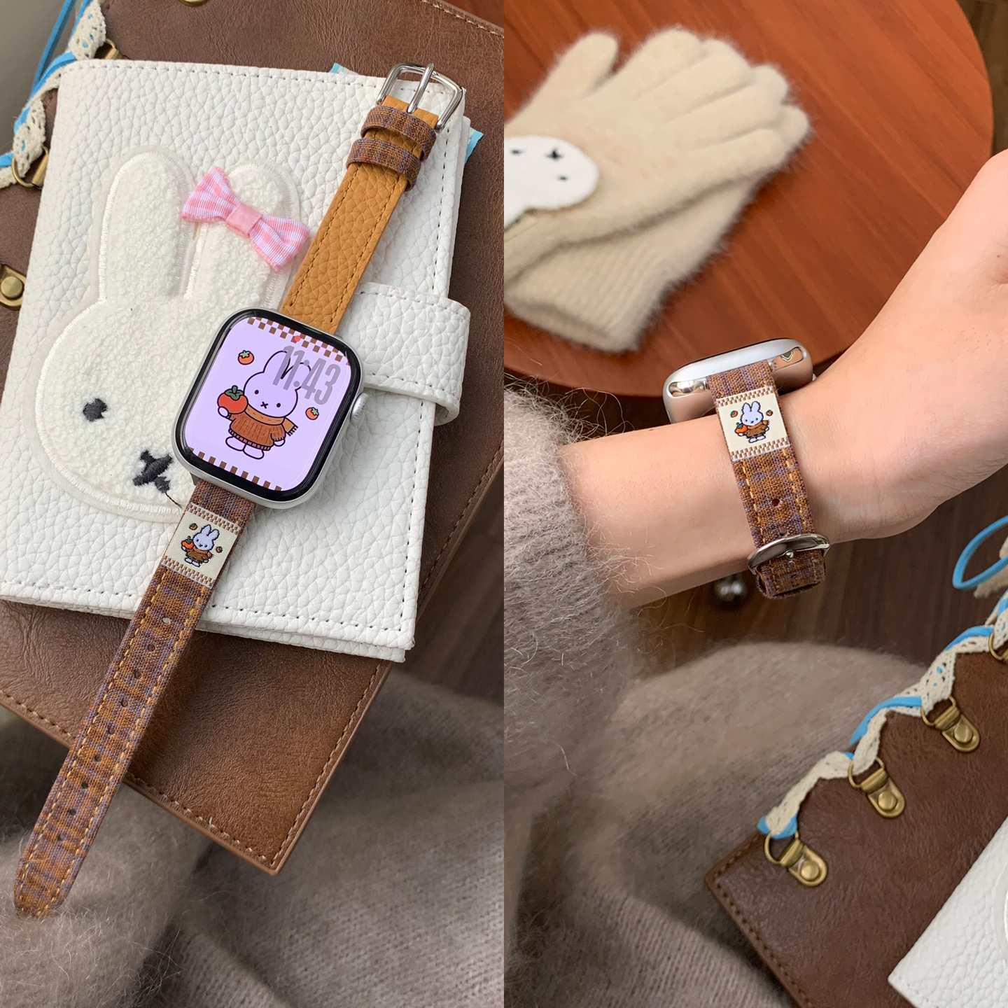 格纹米菲兔细款表带适用11代applewatch10时尚S9/8休闲se秋冬女款