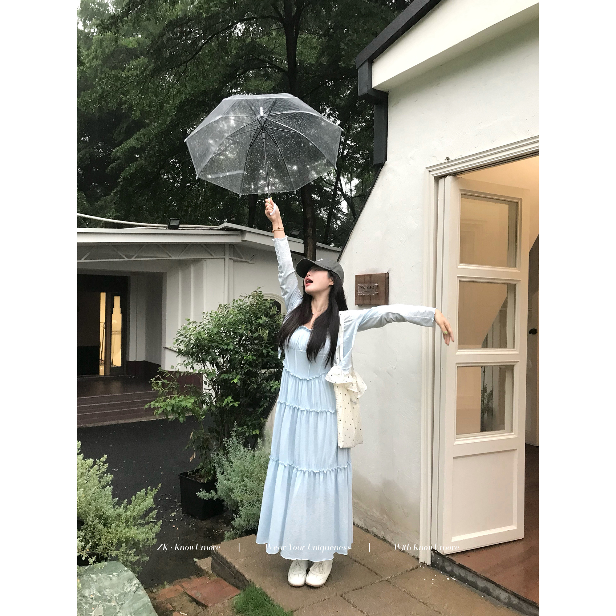 知葵微胖定制【冰蓝椰椰】法式褶皱吊带连衣裙+气质开衫12252L6360