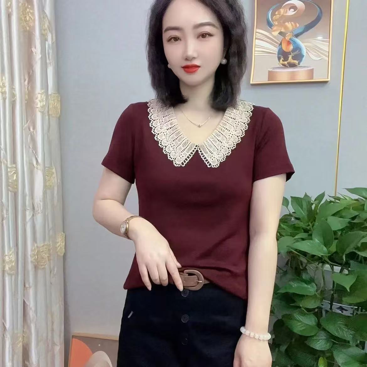 夏季新款时尚洋气减龄女士蕾丝花边领短袖T恤显瘦百搭纯色小衫