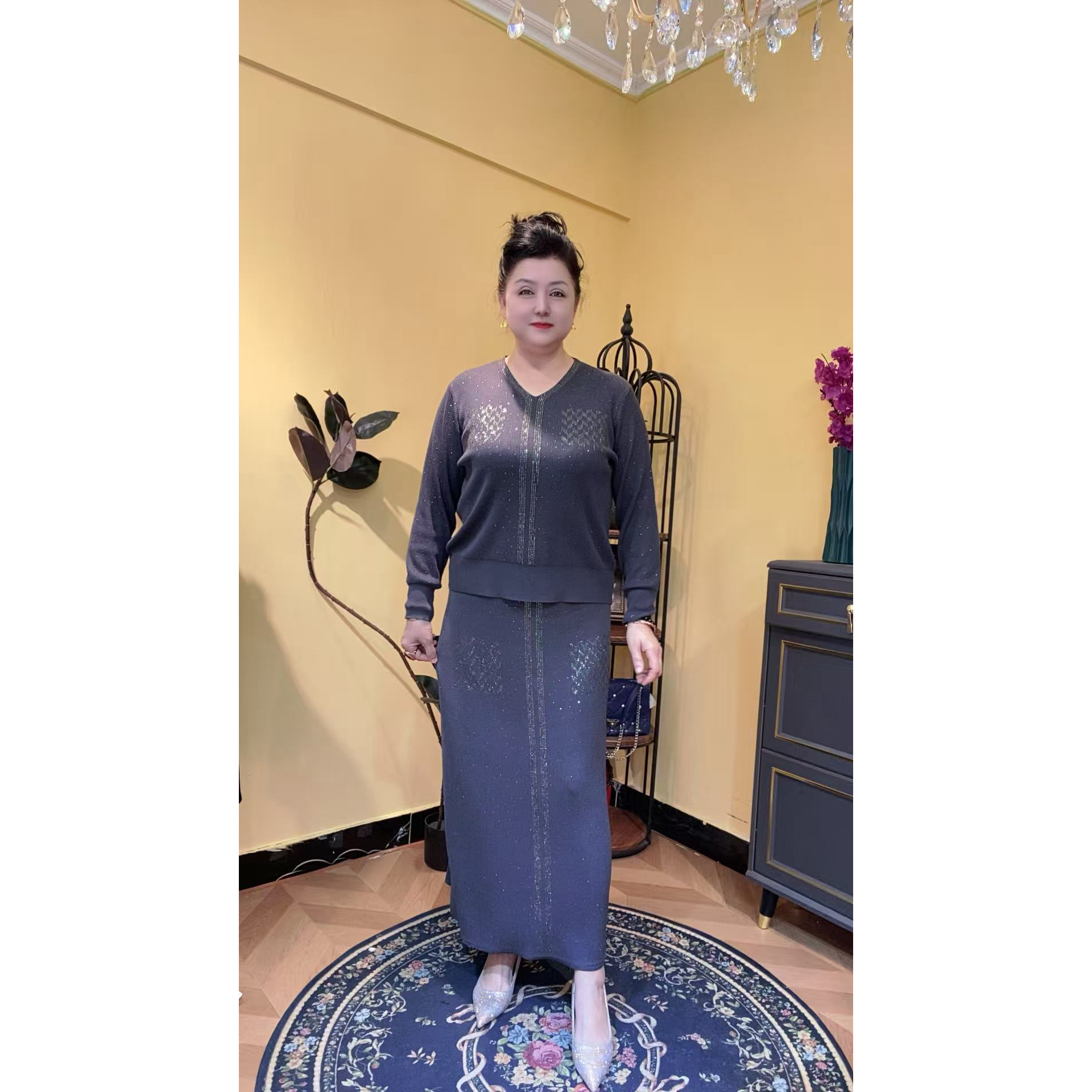 【AYTU】重工镶钻Garis针织上衣半身裙秋冬装宽松显瘦时尚套装