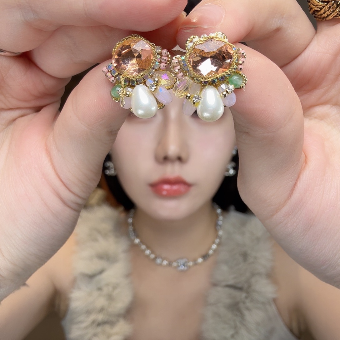 大理石纯铜花朵耳环