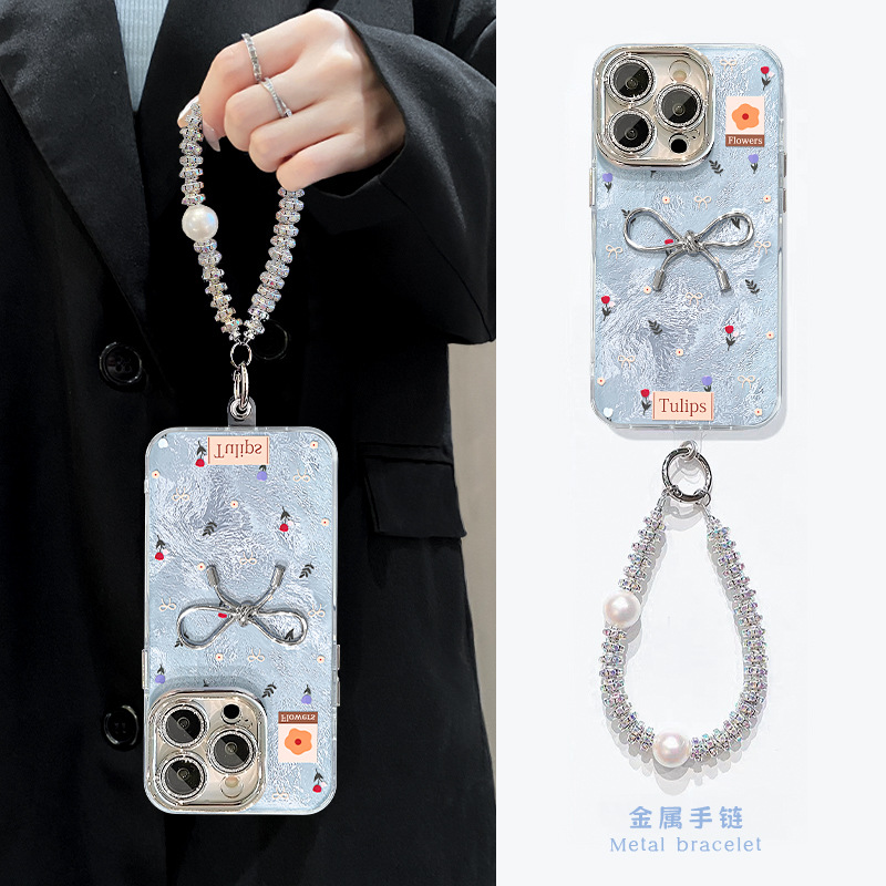 兰知春序碎花结公仔适用苹果冰川纹手机壳镜头膜创意清新防摔