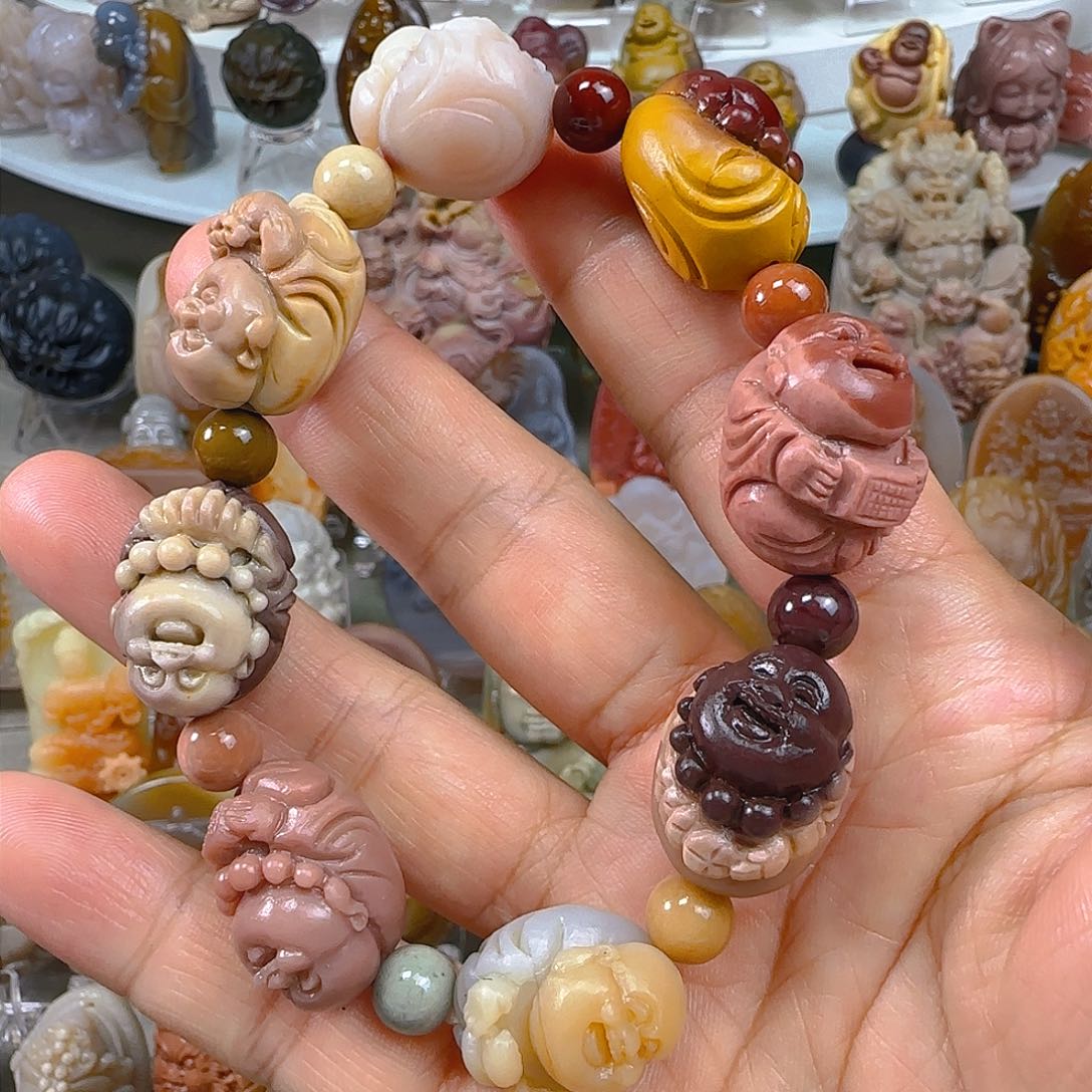 石英质玉手串未镶嵌天然阿拉善纯手工雕刻弥勒佛手串
