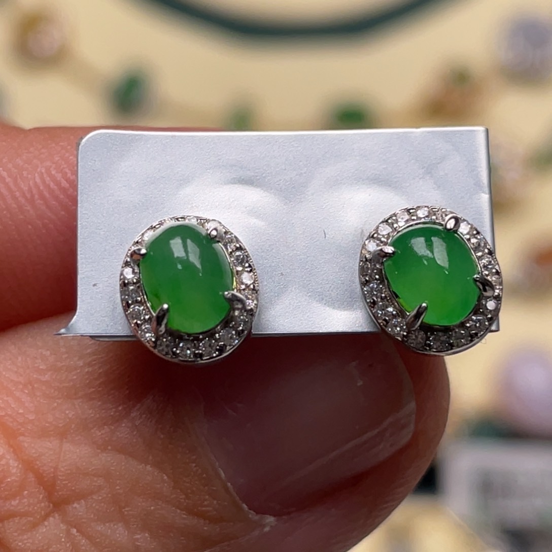 翡翠耳饰银S925镶嵌纯天然缅甸翡翠