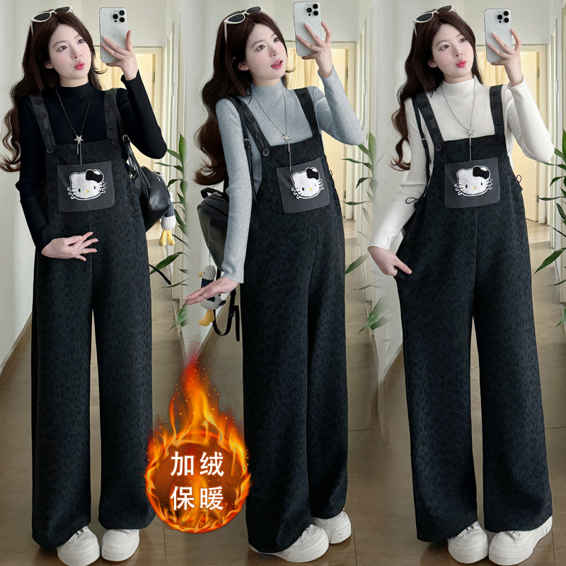 2025秋冬新款孕妇套装时尚外穿背带裤加绒加厚两件套小个子孕妇装