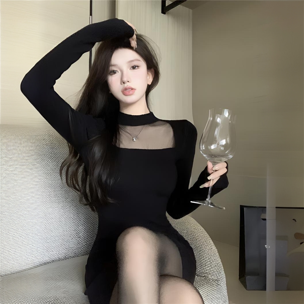 赫本风纯欲性感网纱包臀短裙女秋冬内搭配大衣收腰显瘦辣妹连衣裙
