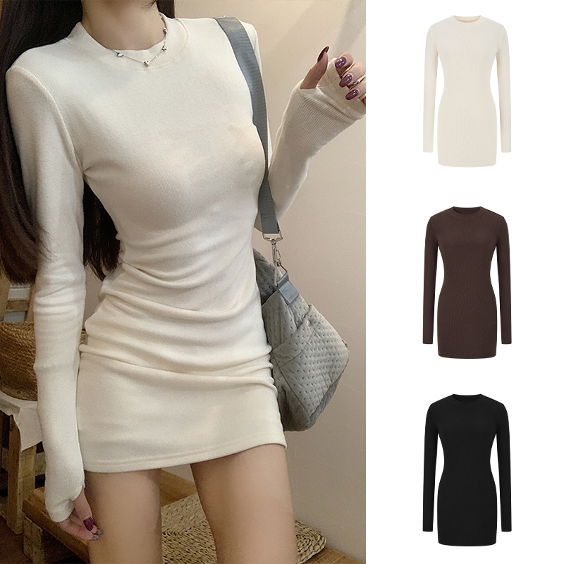 Moses Queen/魔西女王杏色长袖圆领打底连衣裙百搭紧身掐腰包臀裙