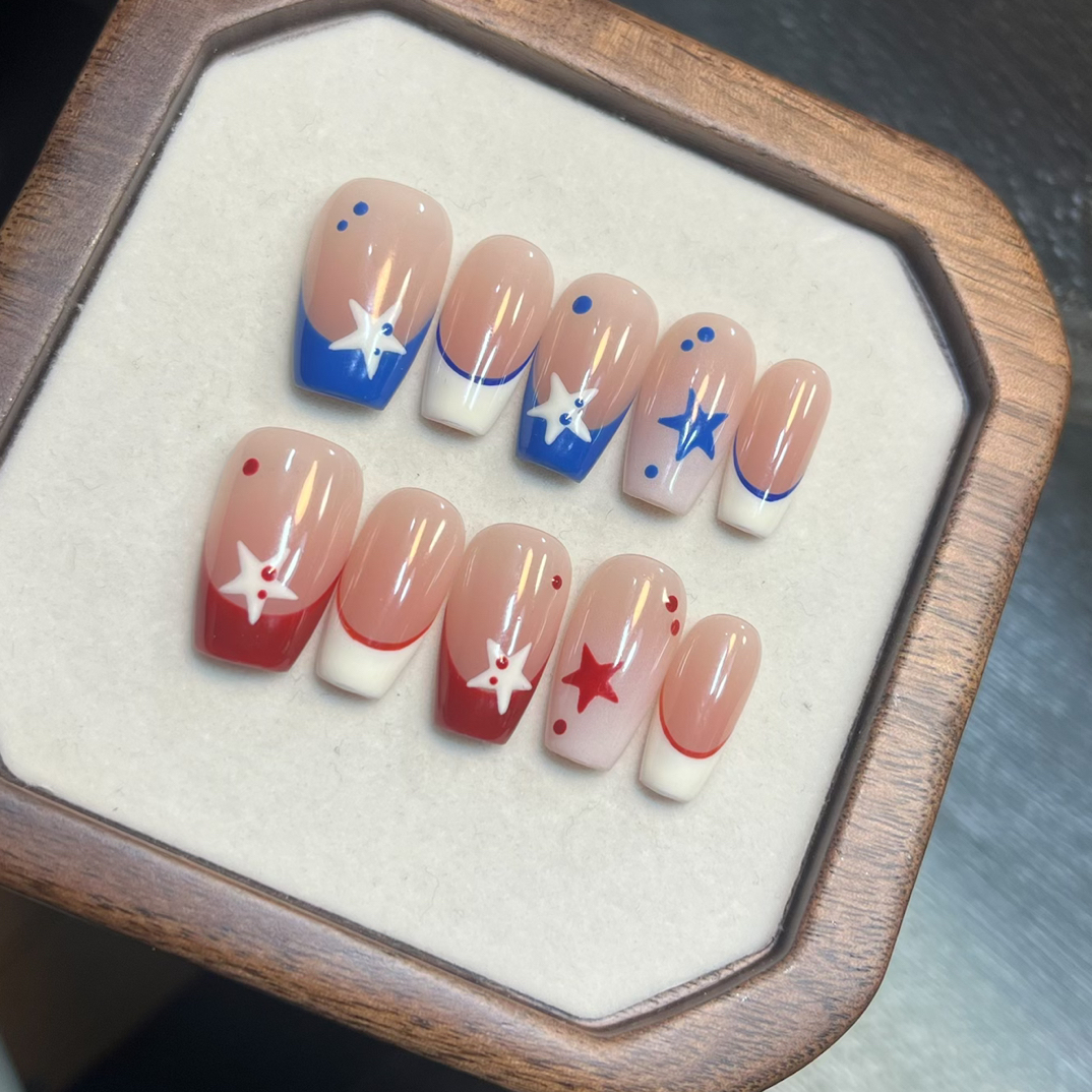 「红蓝星语」法式线条彩色AB款鸳鸯手工穿戴甲