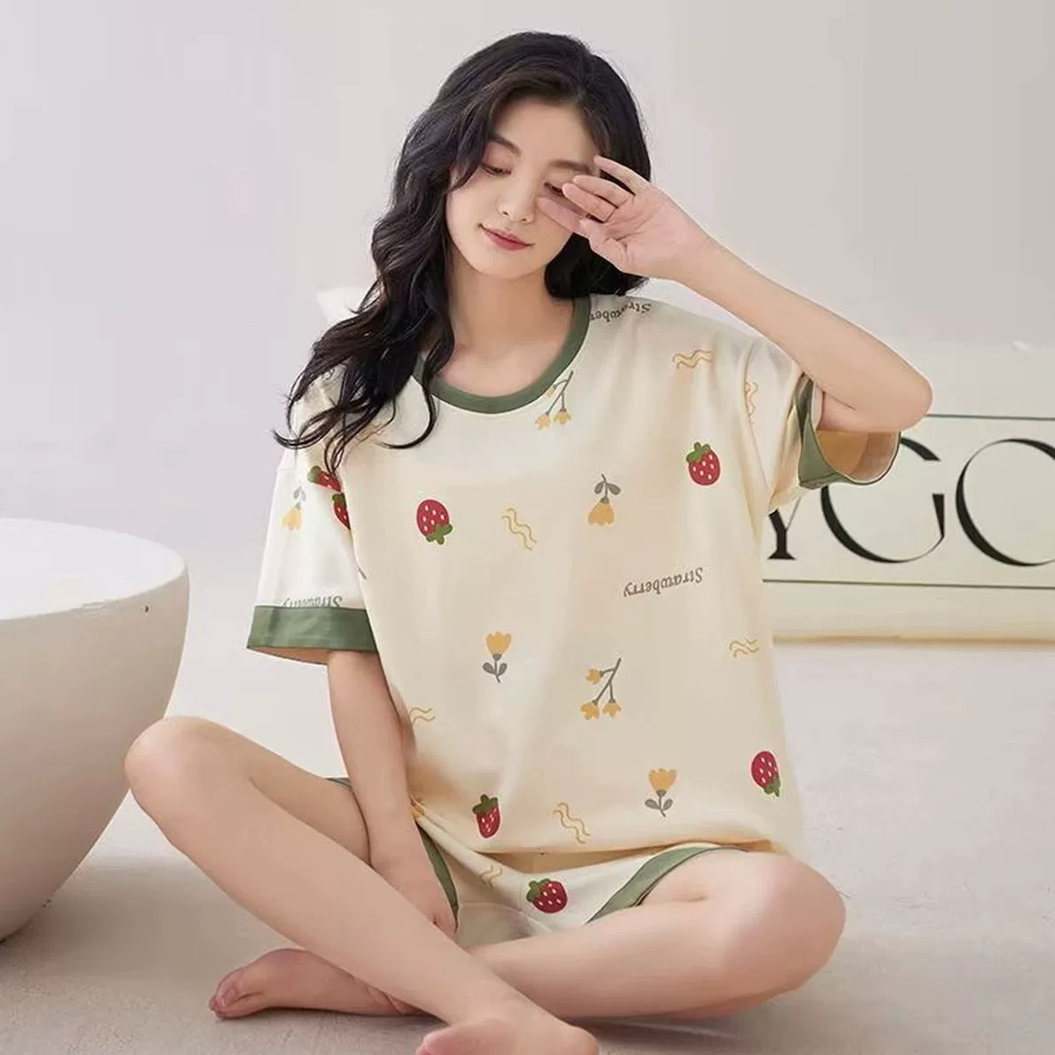 睡衣女夏款纯棉短袖短裤韩版时尚可外穿家居服套装（草莓花朵）