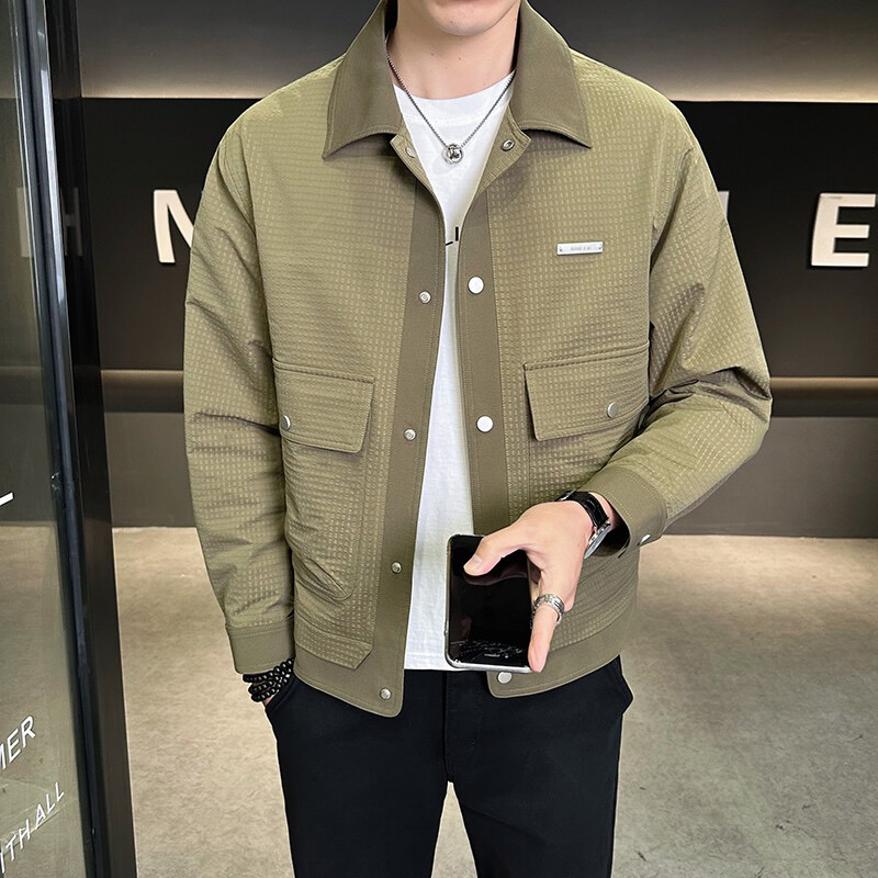 （安安严选）春秋季上新时尚潮款男士百搭大口袋翻领纯色夹克外套