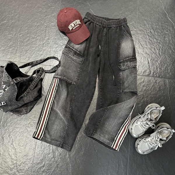 潮流百搭重工条纹大口袋宽松卫裤 工艺款 （YBDW原创正版）5996