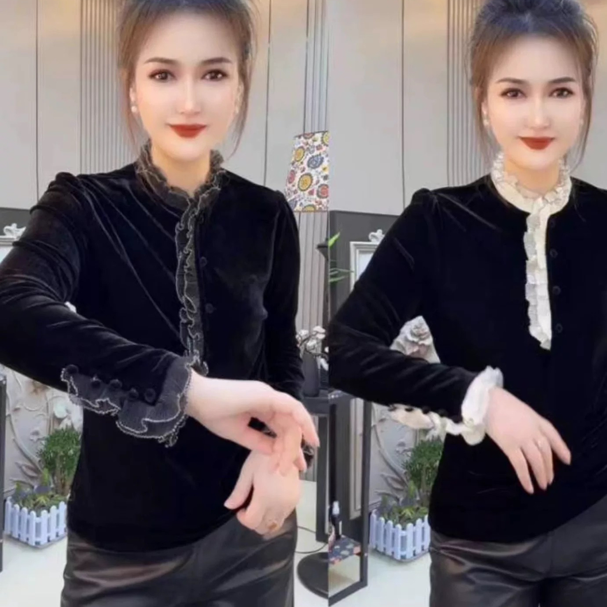 法式2025秋冬新款上衣时尚轻奢气质高级感丝绒拼接花边长袖衬衫潮