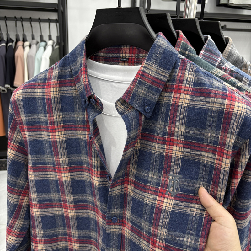 【六哥甄选】春秋季新款男士磨毛格纹棉衬衫复古百搭长袖格子衬衣