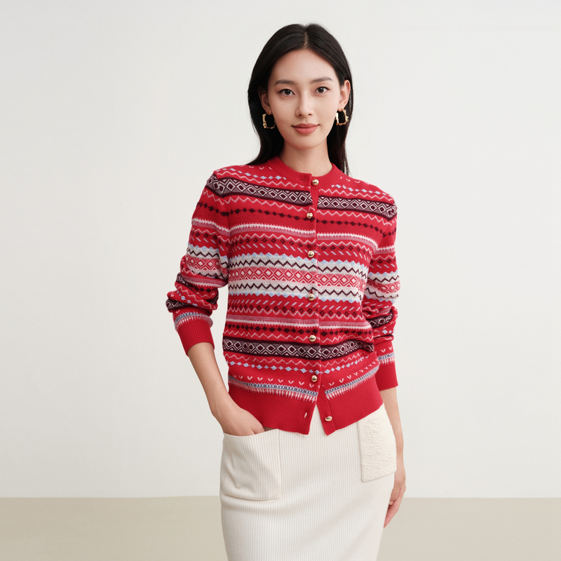 EP雅莹秋冬新款 民族风提花混纺丝羊毛羊绒针织开衫9121A