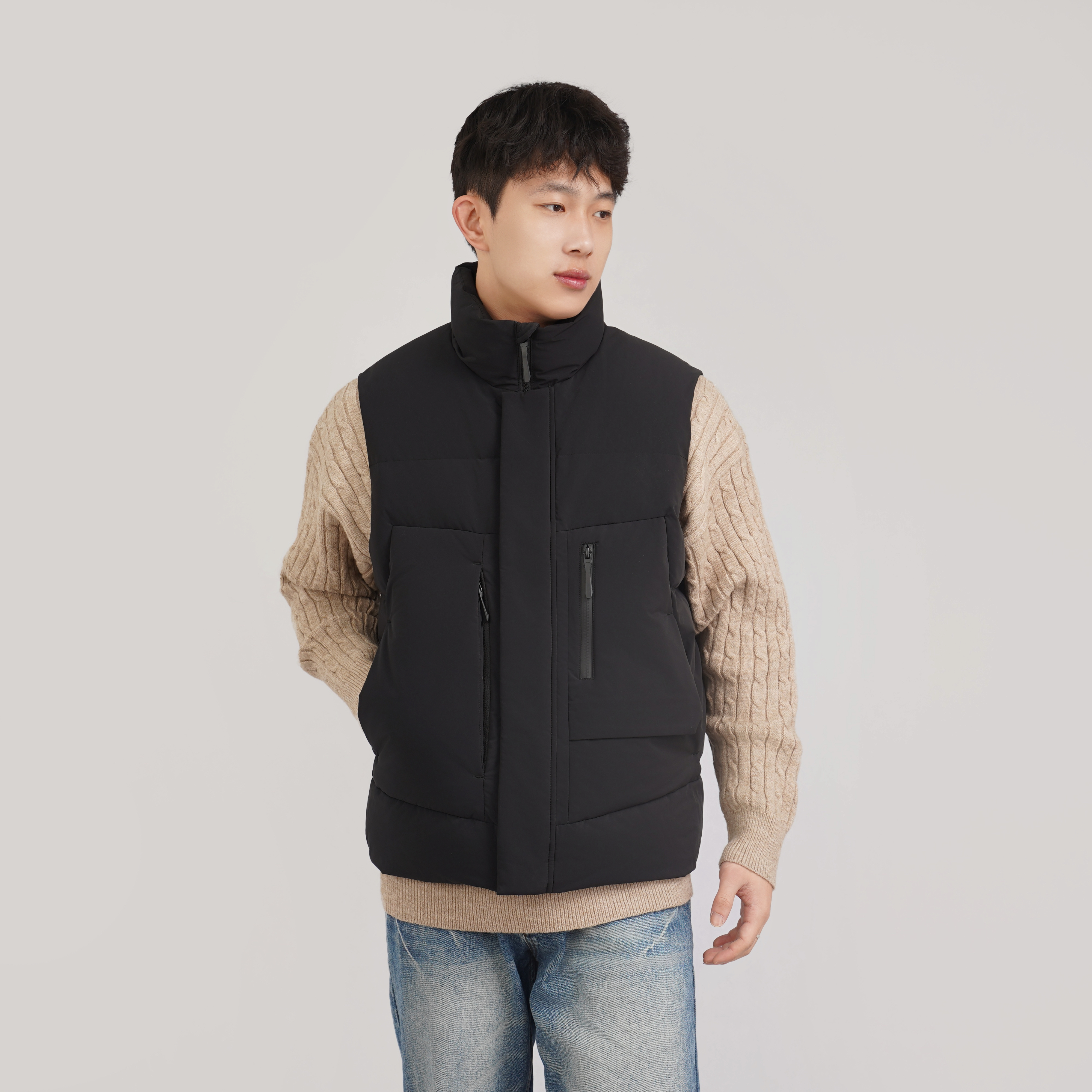 白鸭绒男士羽绒马甲轻盈保暖叠穿工装立领纯色经典羽绒服男女外套