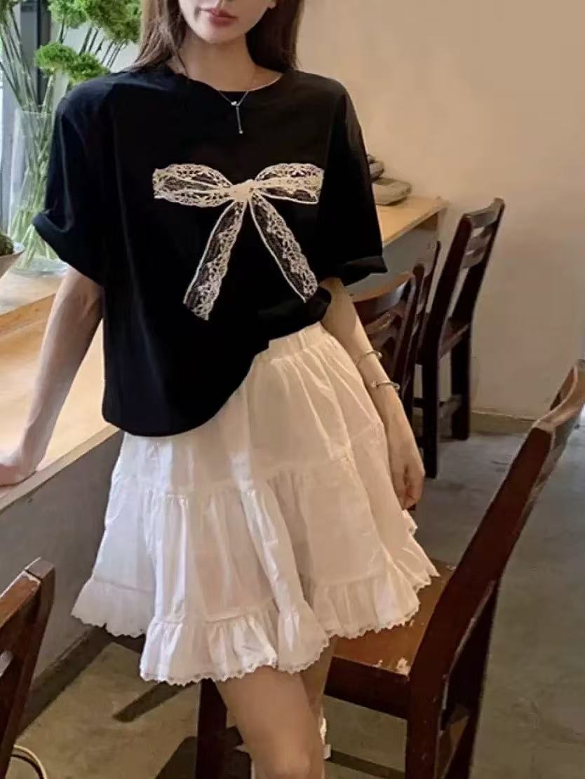 实拍白色蕾丝蛋糕半身裙女夏季法式芭蕾风高腰A字裙短裙子百搭