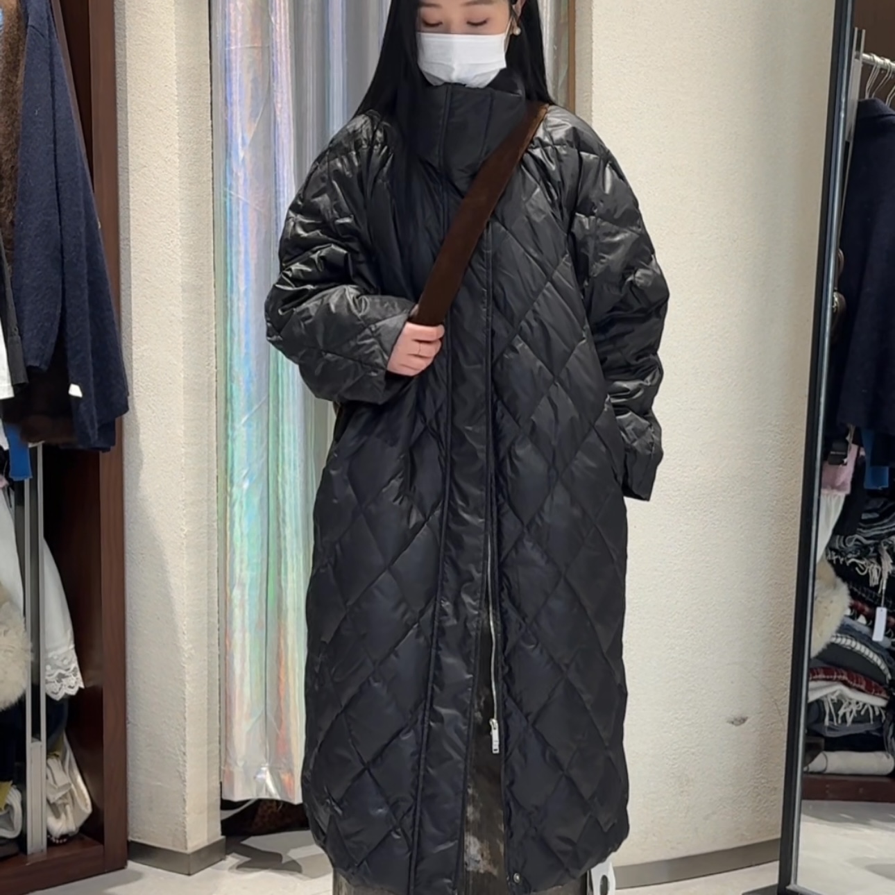 菱形格中长款立领面包服