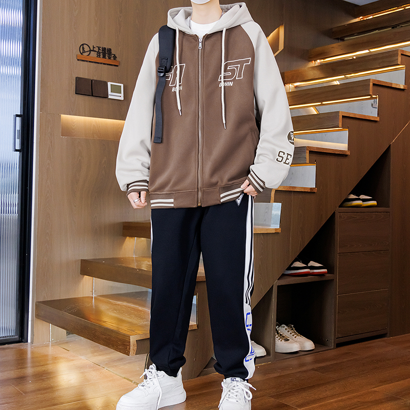 秋冬季新款连帽青少年学生开衫拼色外套百搭潮流初高中运动棒球服