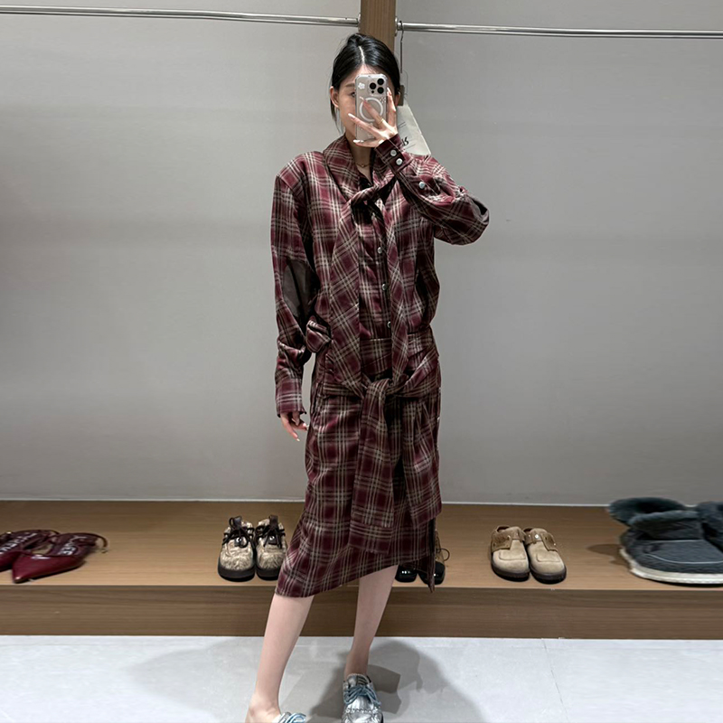 【现货】AVVENN设计师品牌新款 25年秋季格子长袖衬衫带飘带中裙