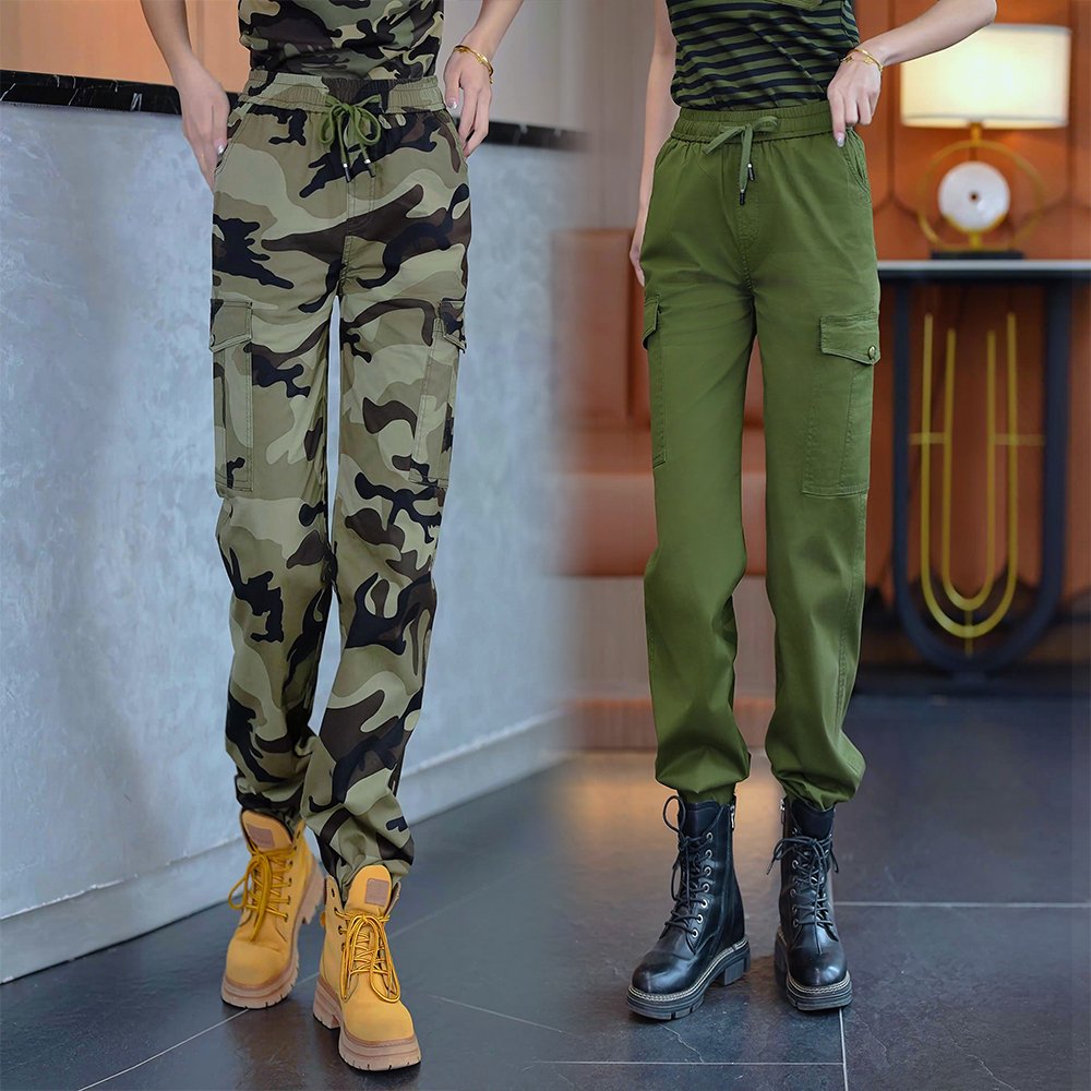春秋军旅风常规微弹力高腰松紧腰休闲裤迷彩裤哈伦裤宽松户外时尚